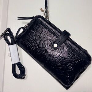 The Sak Black Leather Embossed Wallet Crossbody Wristlet Bag NEW